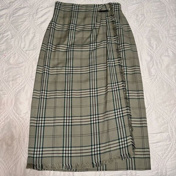 Liz Claiborne Vintage Plaid Frayed Safety Pin 90s Midi Pencil Wrap Skirt 12 - Picture 1 of 6